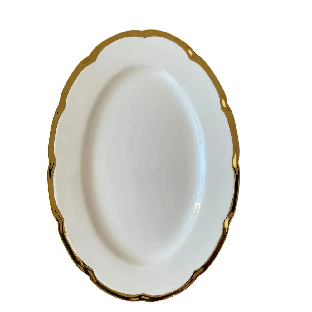Yedi White Oval Serving Platter 14in Ceramic Gold Rim New